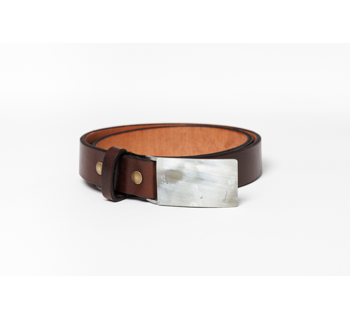 A dark brown leather belt with a wide, brushed silver metal and horn rectangular buckle, displayed on a clean white background.