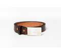 A dark brown leather belt with a large, polished rectangular silver and horn buckle, coiled on a clean white background.