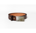 A dark brown leather belt with a wide, brushed silver metal buckle, coiled on a clean white background.